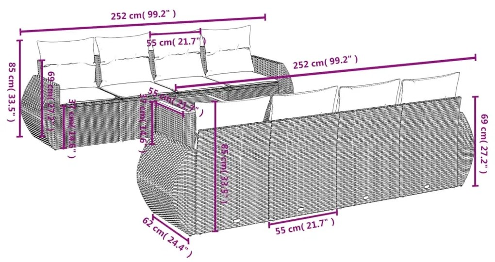 Set Divano da Giardino 9 pz con Cuscini Beige in Polyrattan