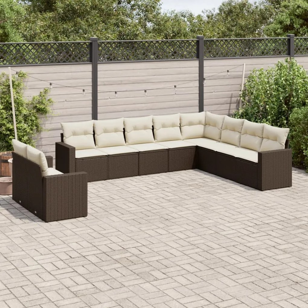 Set Divani da Giardino 10pz con Cuscini in Polyrattan Marrone