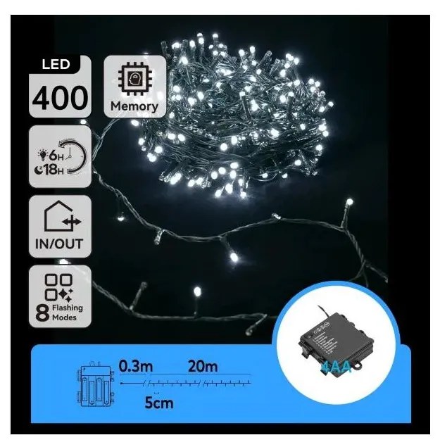 Aigostar - Catena luminosa natalizia LED da esterno 400xLED/8 funzioni 4xAA 20,3 m bianco freddo