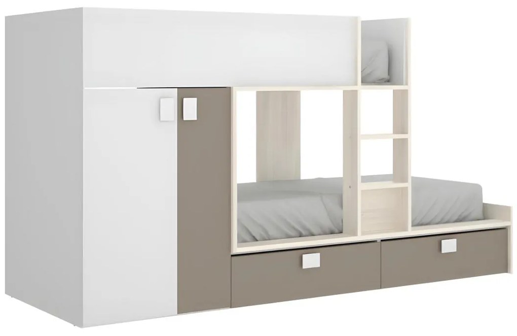 Letto a castello 2 x 90 x 190 cm  - Armadio integrato - Bianco, Naturale e Tortora - JUANITO