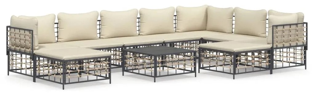 Set divani da giardino 10pz con cuscini antracite in polyrattan