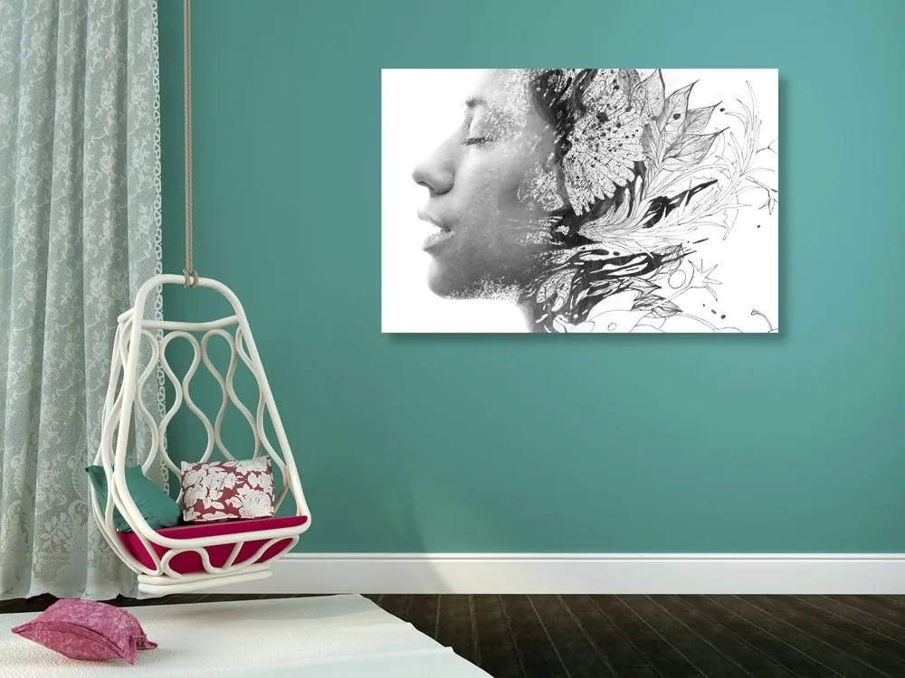 Stampa su tela – Donna con fiori dipinti in bianco e nero