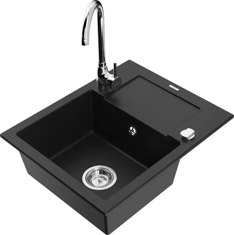 Mexen Enzo lavello in granito a 1 vasca con sgocciolatoio e rubinetto da cucina Telma, nero - 6506-77-670200-00