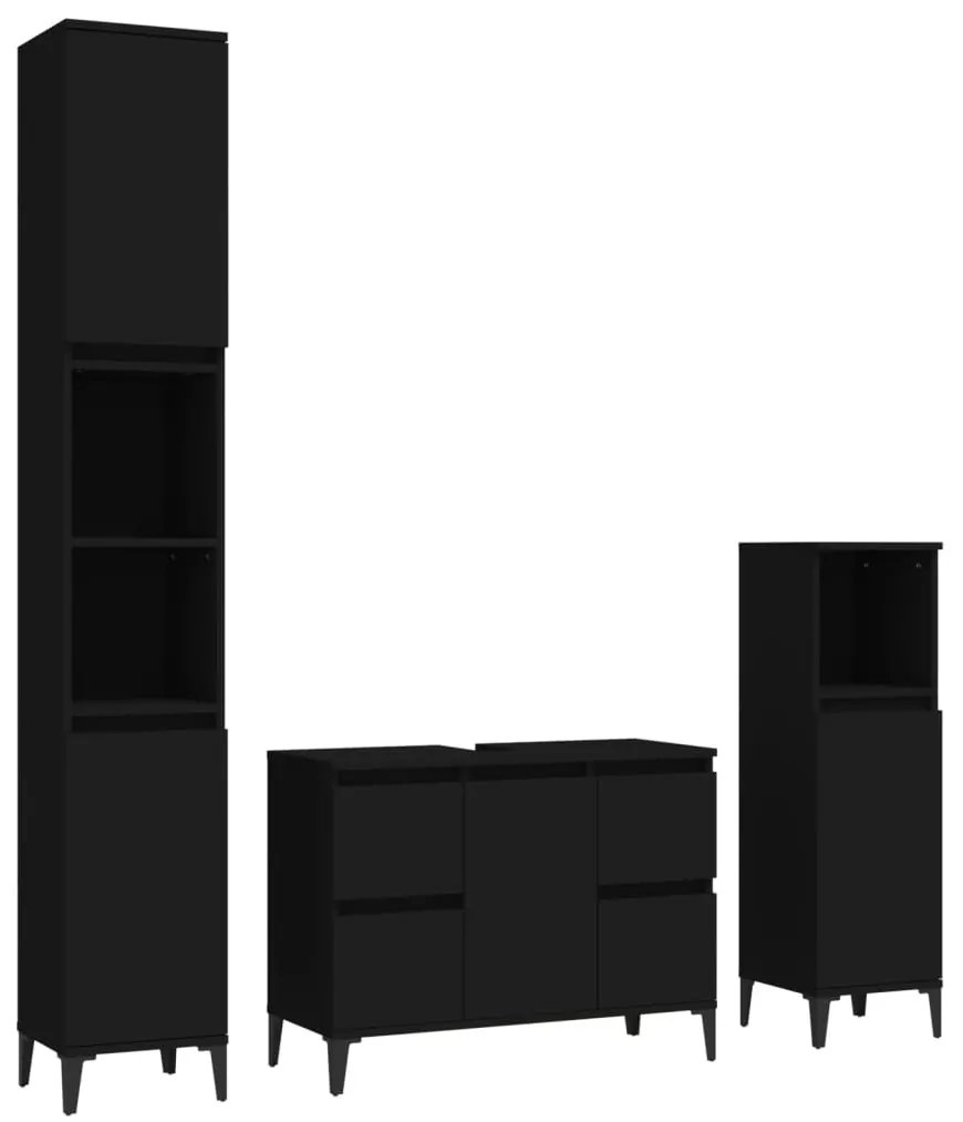 Set mobili da bagno 3 pz nero in legno multistrato