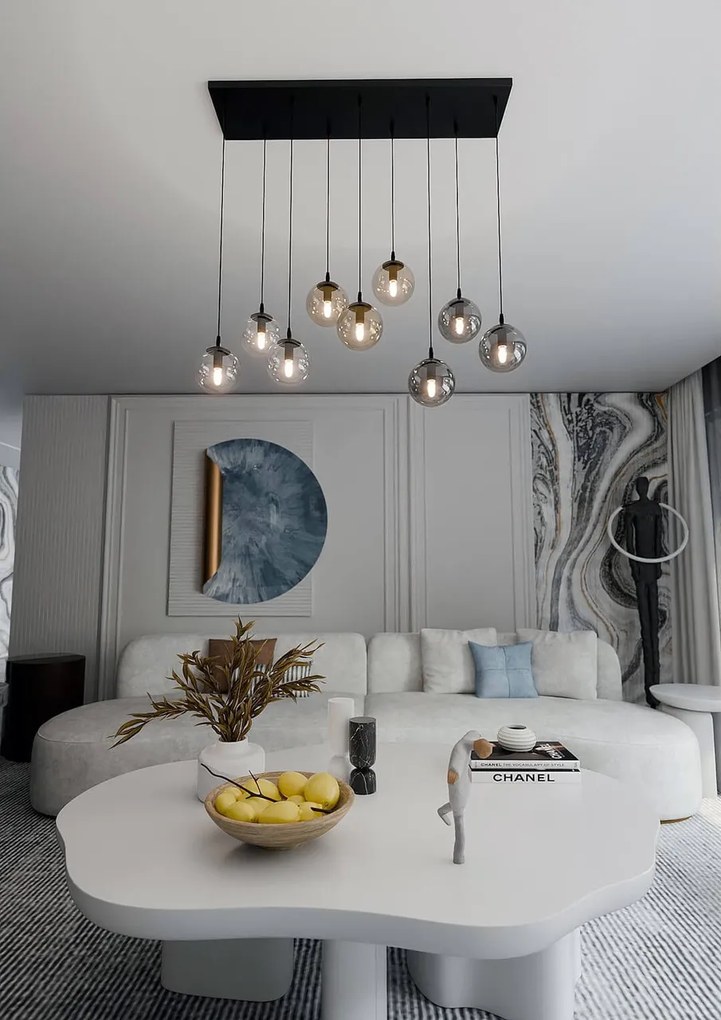 Lampadario a Sospensione in Acciaio e Vetro COSMO 9 Nero 9xE14