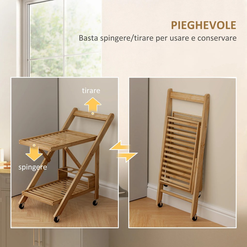 Carrello da Cucina Portavivande Pieghevole 66x40x70 cm a 2 Livelli con Portabottiglie in Legno di Bambù...