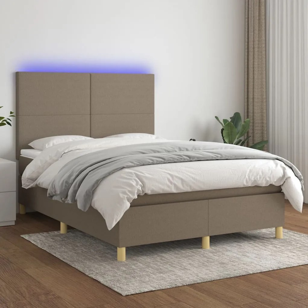 Letto a molle con materasso e led tortora 140x190 cm in tessuto