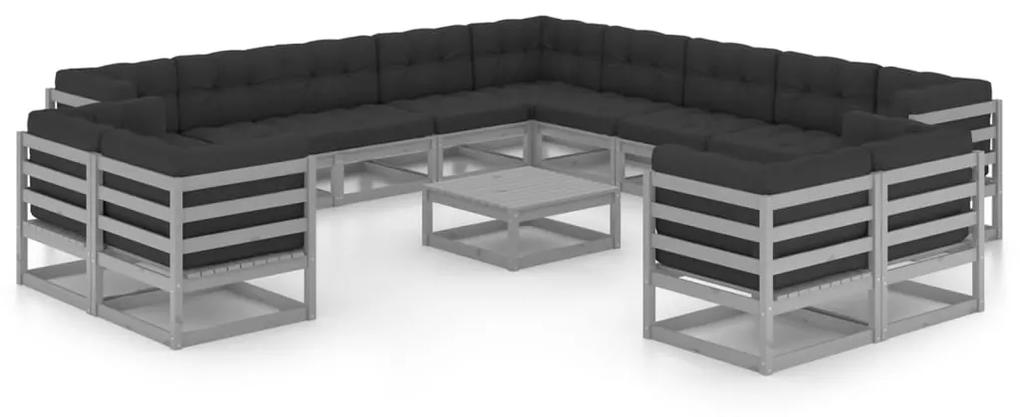 Set divani da giardino 14pz con cuscini grigio massello di pino
