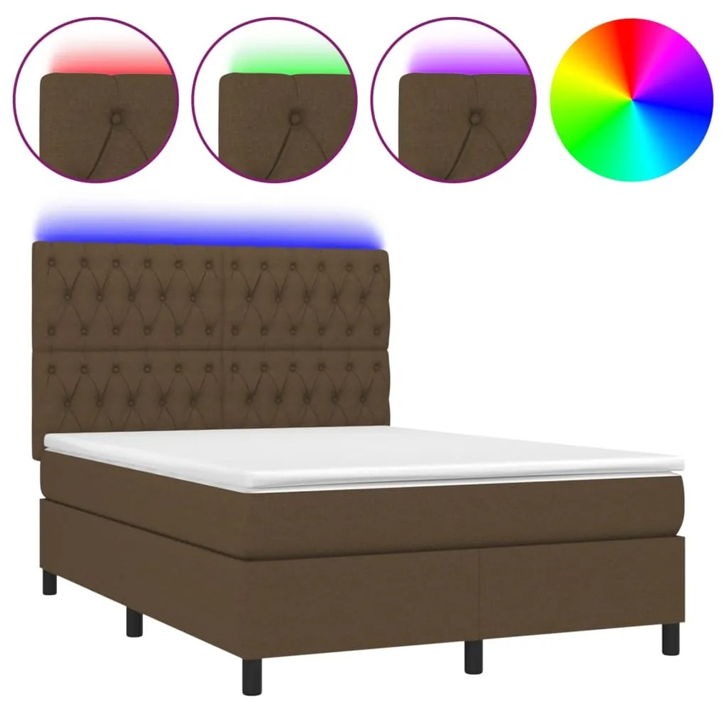 Letto a molle materasso e led marrone scuro 140x200 cm tessuto
