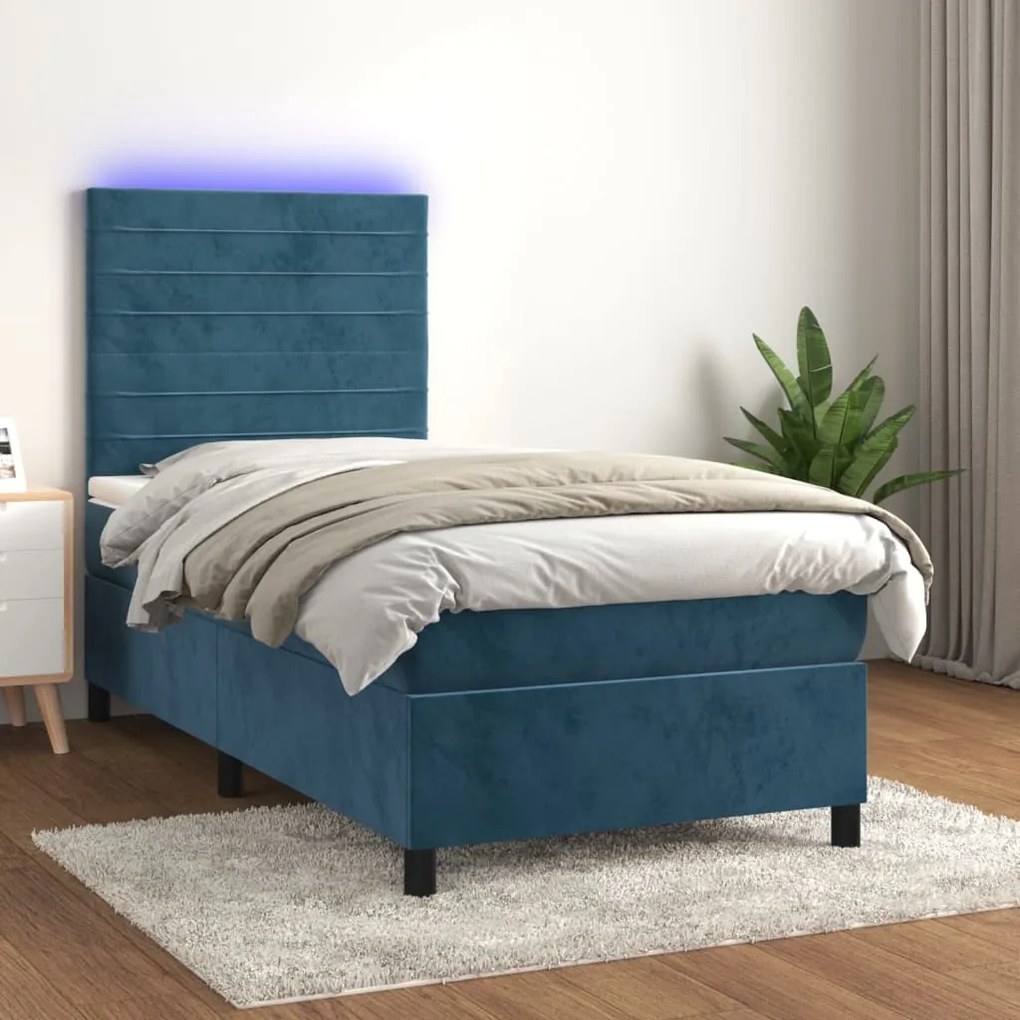 Letto A Molle Con Materasso E Led Blu Scuro 90x190cm İn Velluto /