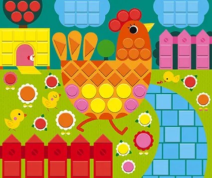 3 carte da decorare con più di 260 mosaici in schiuma et 1 libretto con istruzioni e modelli.