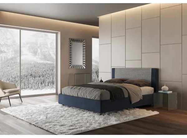 Letto matrimoniale contenitore imbottito 160x210 tessuto Labirinto 9 blu Rosal