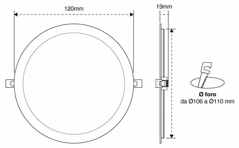 Pannello LED Rotondo 8W, 800lm, no Flickering, Foro Ø106-110mm Colore Bianco Caldo 3.000K