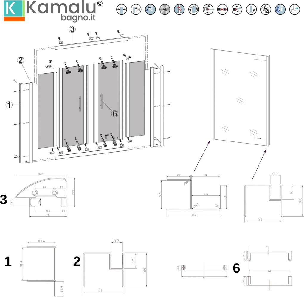 Box doccia 190x80 doppio scorrevole altezza 180cm | KAM-KNF6000S - KAMALU