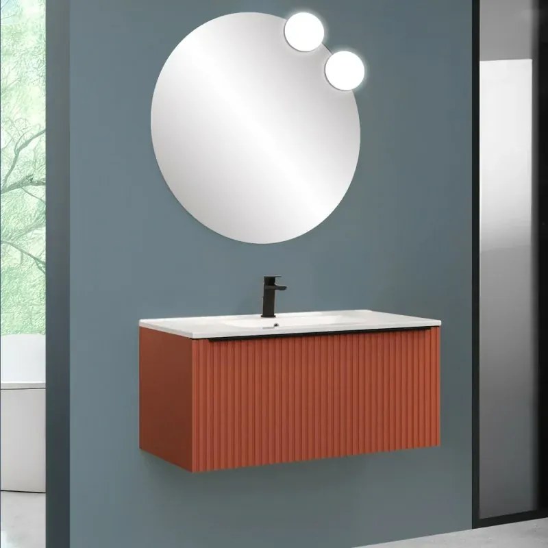 Mobile bagno sospeso 100 cm color terracotta cannettato con cassetto, specchio e lavabo Nara