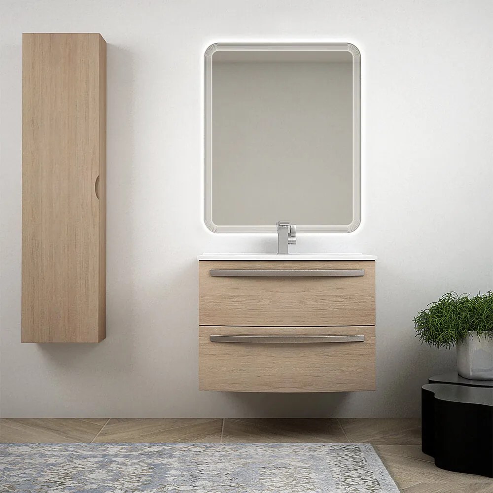 Mobile bagno rovere tabacco sospeso 75 cm design tondo - Berlino con specchio led e colonna da 140 cm