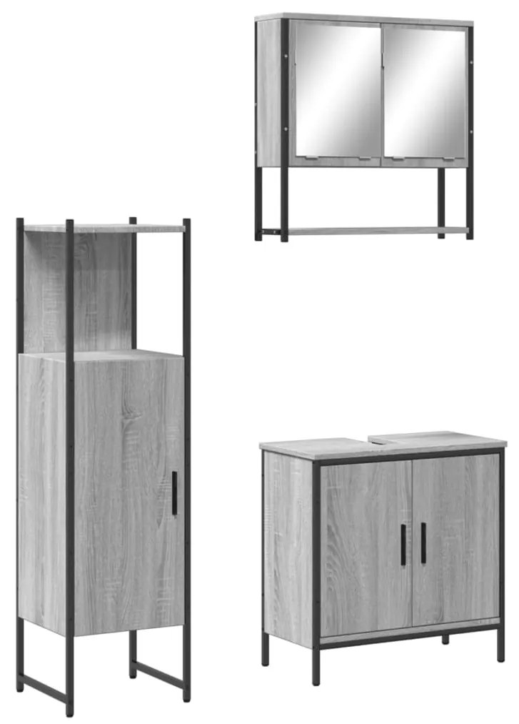 Set mobili da bagno 3 pz grigio sonoma in legno multistrato