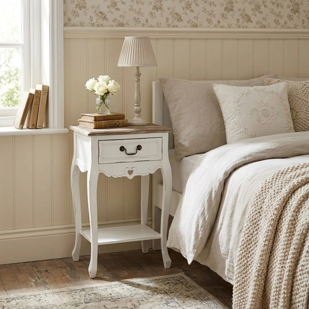 FABIEN - mobiletto 1 cassetto in legno di paulownia shabby chic