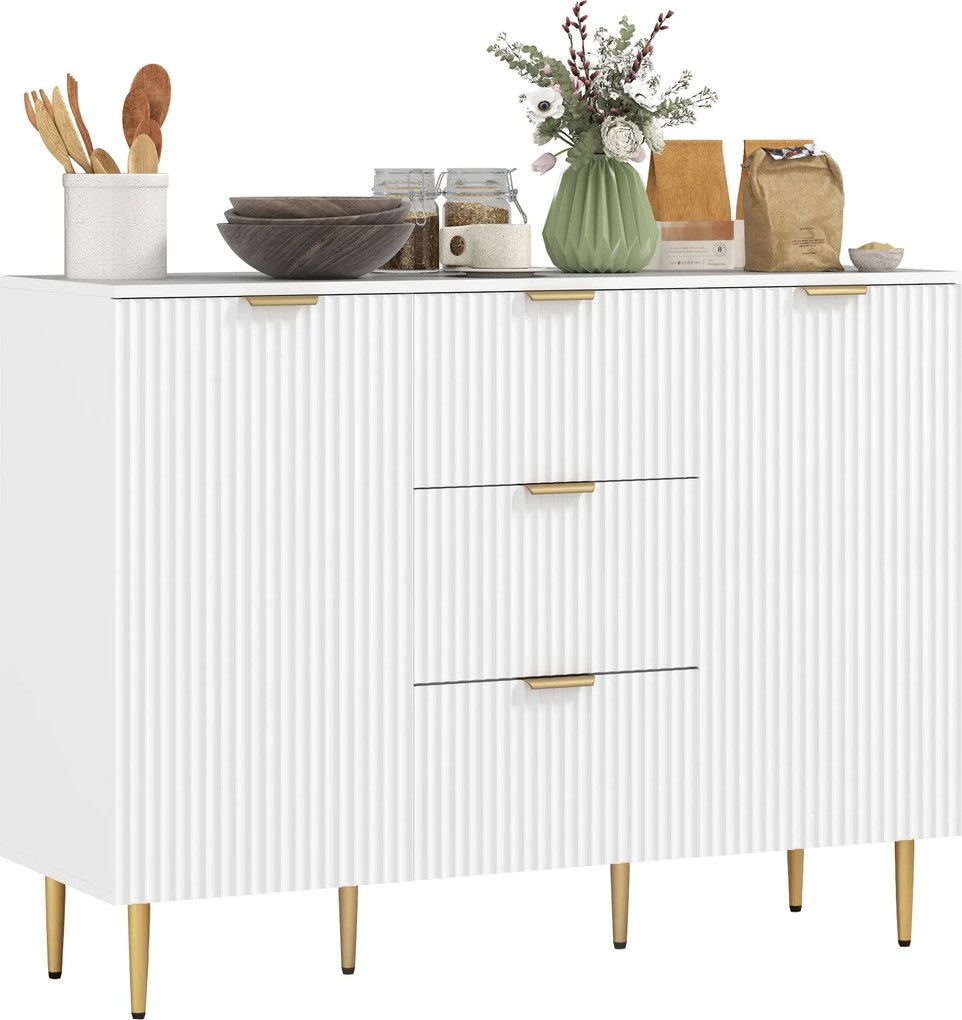 Credenza Moderna 120x40x89,5 cm con 3 Cassetti e 2 Armadietti in Legno e Metallo Bianco...