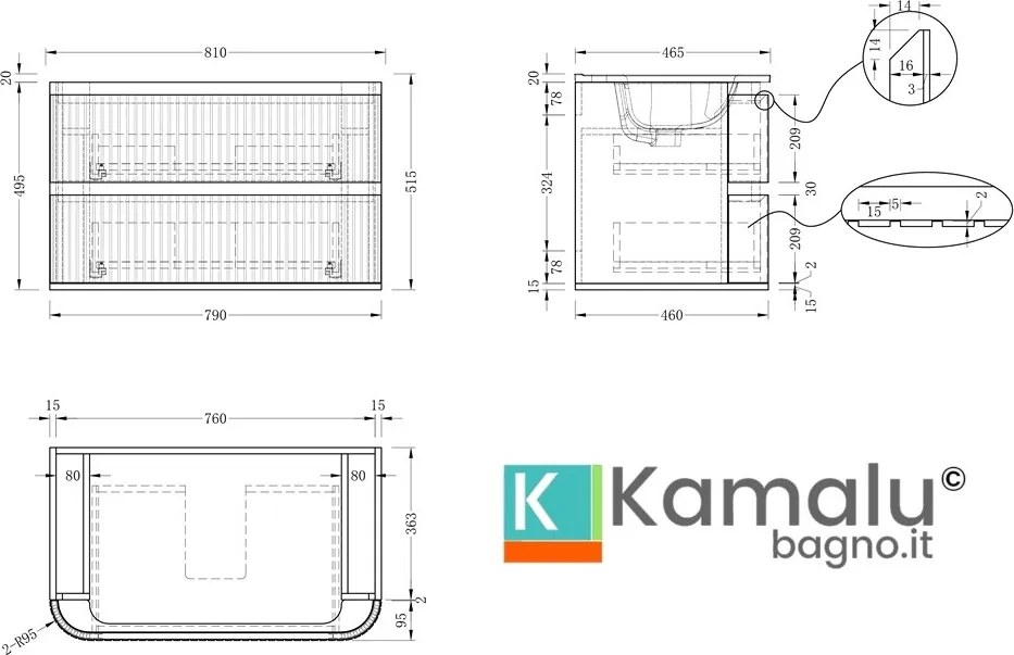 Mobile bagno 80 cannettato con lavabo incasso ceramica | KAM-NORTH-80C - KAMALU
