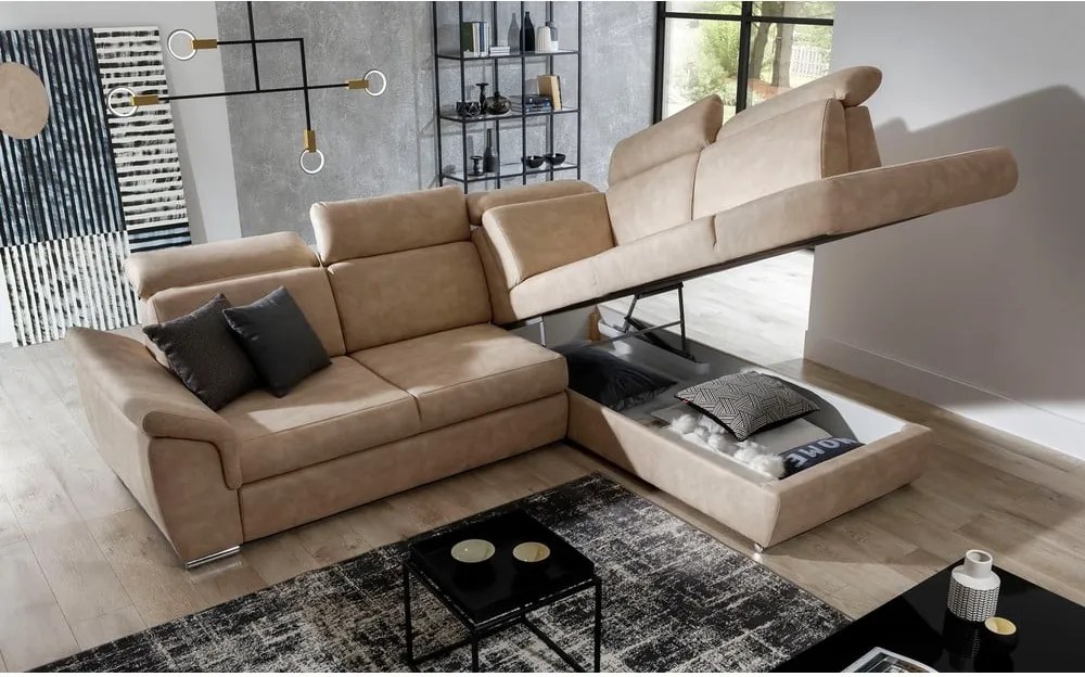 Divano angolare beige allungabile/con contenitore (con penisola a destra/a L) e rivestimento in velluto Loreto – ELTAP