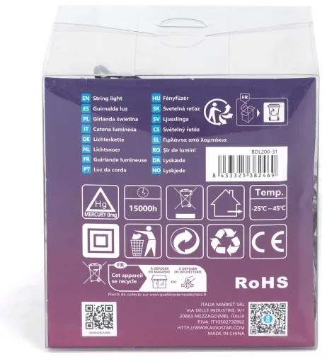 Aigostar - Catena LED natalizia da esterno 200xLED/8 funzioni 13m IP44 bianco caldo