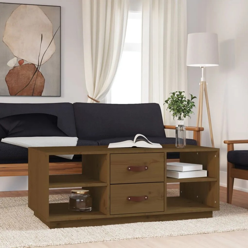 Tavolino Da Salotto Ambra 100x50x41cm İn Legno Massello Di Pino /