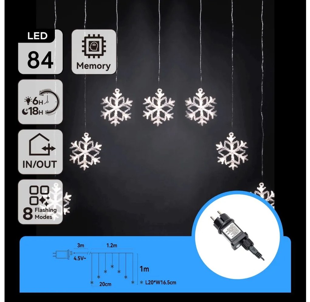 Aigostar - LED Catena natalizia da esterno 84xLED/8 funzioni 1,2x1m IP44 bianco freddo con fiocchi di neve