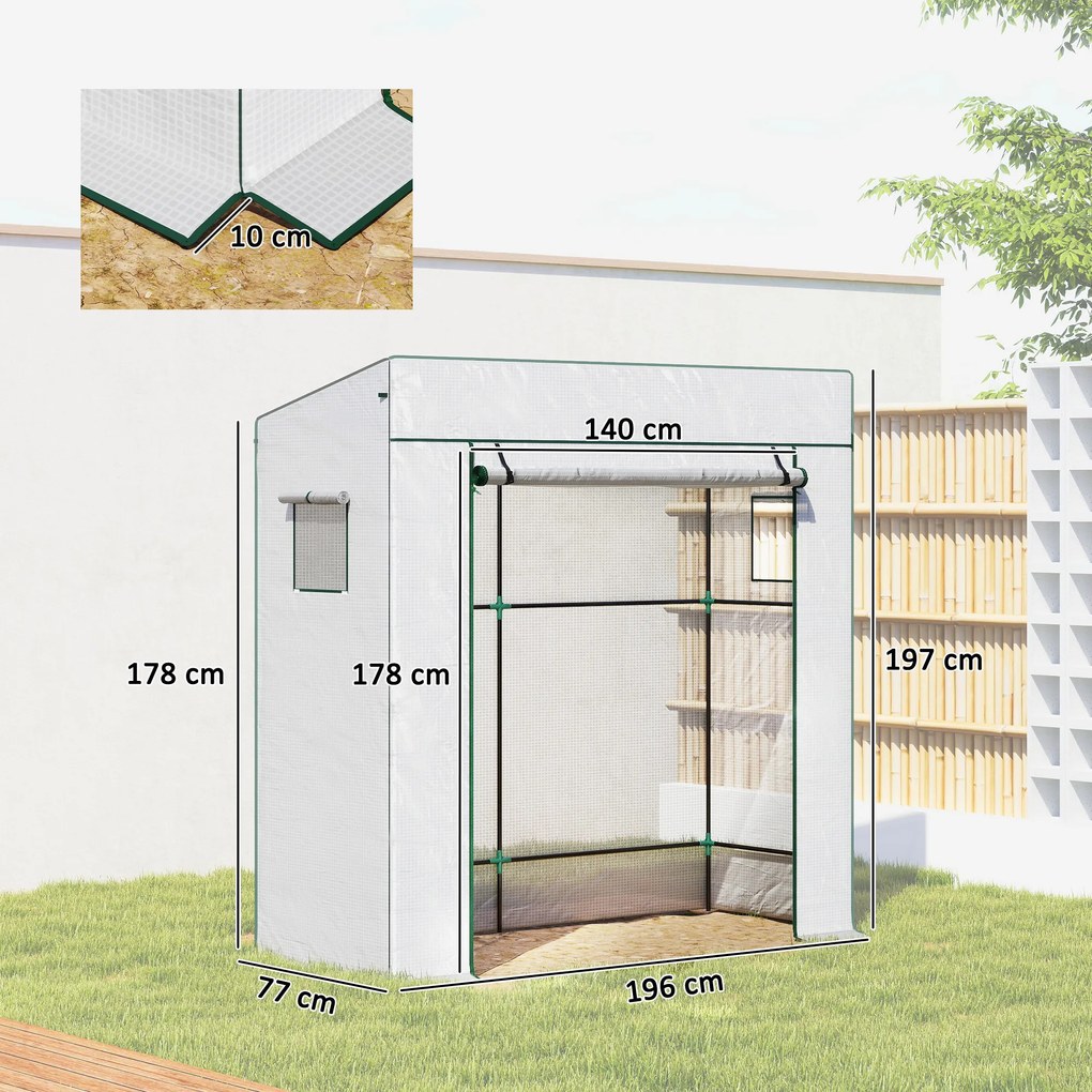 Serra per Piante 196x77x197 cm con 2 Finestre Laterali a Rete e Ingresso Avvolgibile in PE e Acciaio Bianco...