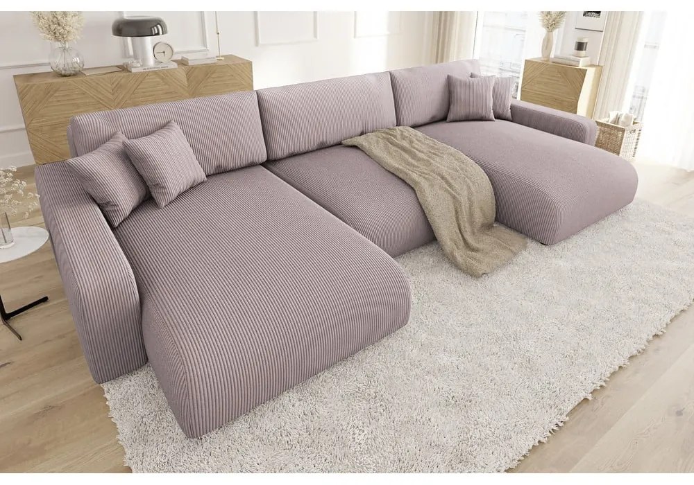 Divano angolare rosa chiaro allungabile/con contenitore (a U) con rivestimento in velluto a coste Sara – Ropez