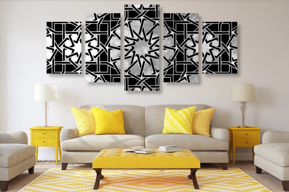 Quadri 5 pezzi – Mosaico orientale in bianco e nero