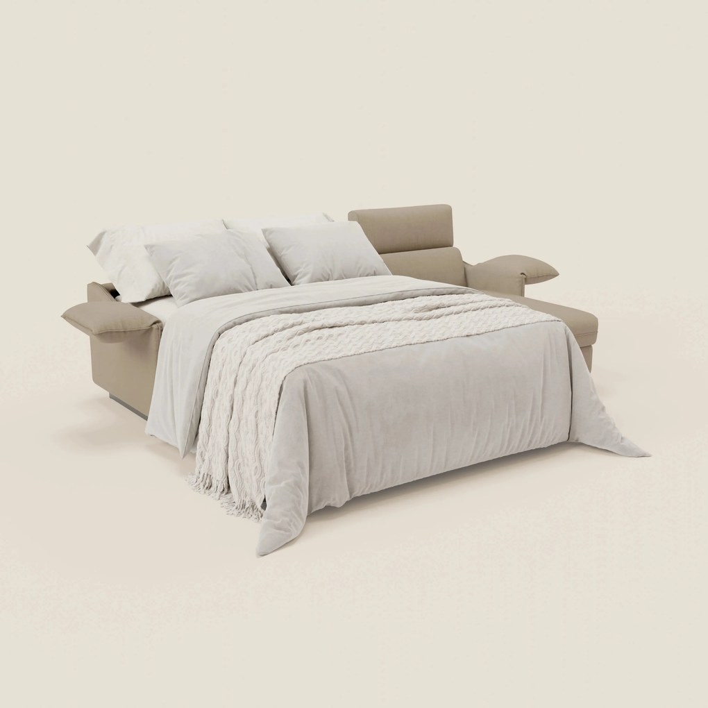Violetta Divano Letto Angolare con Penisola contenitore, Poggiatesta e Materasso Alto H18 in tessuto impermeabile T13 beige