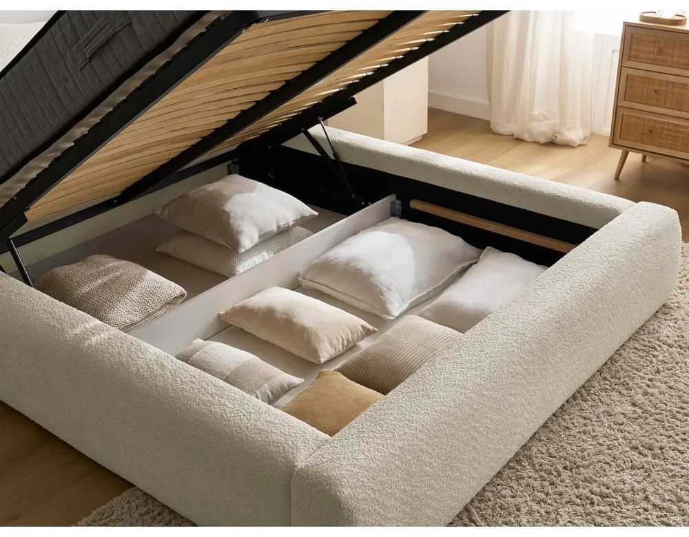 Letto matrimoniale beige imbottito con spazio contenitivo con rete inclusa 160x200 cm Orlane – Bobochic Paris