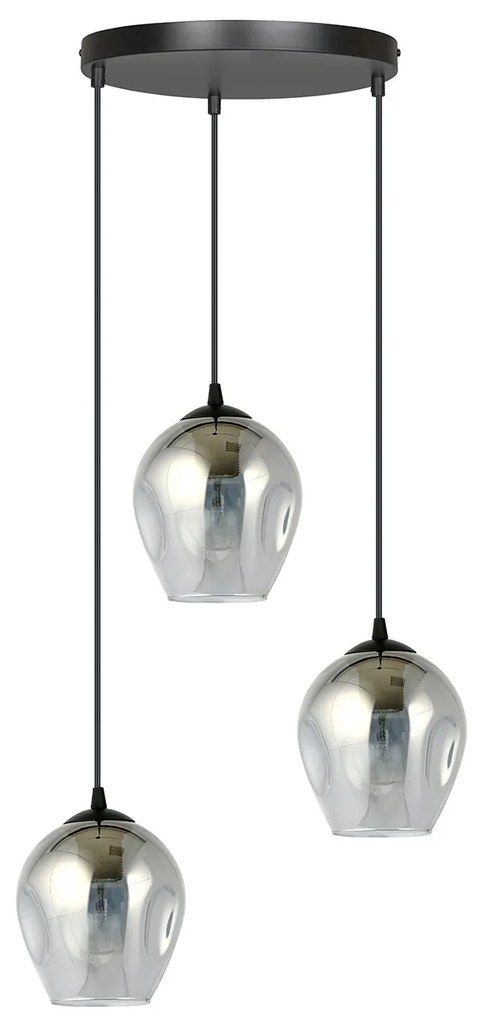 Lampadario 3 Luci Fuxi Base Tonda In Acciaio Nero E Vetri Fumè