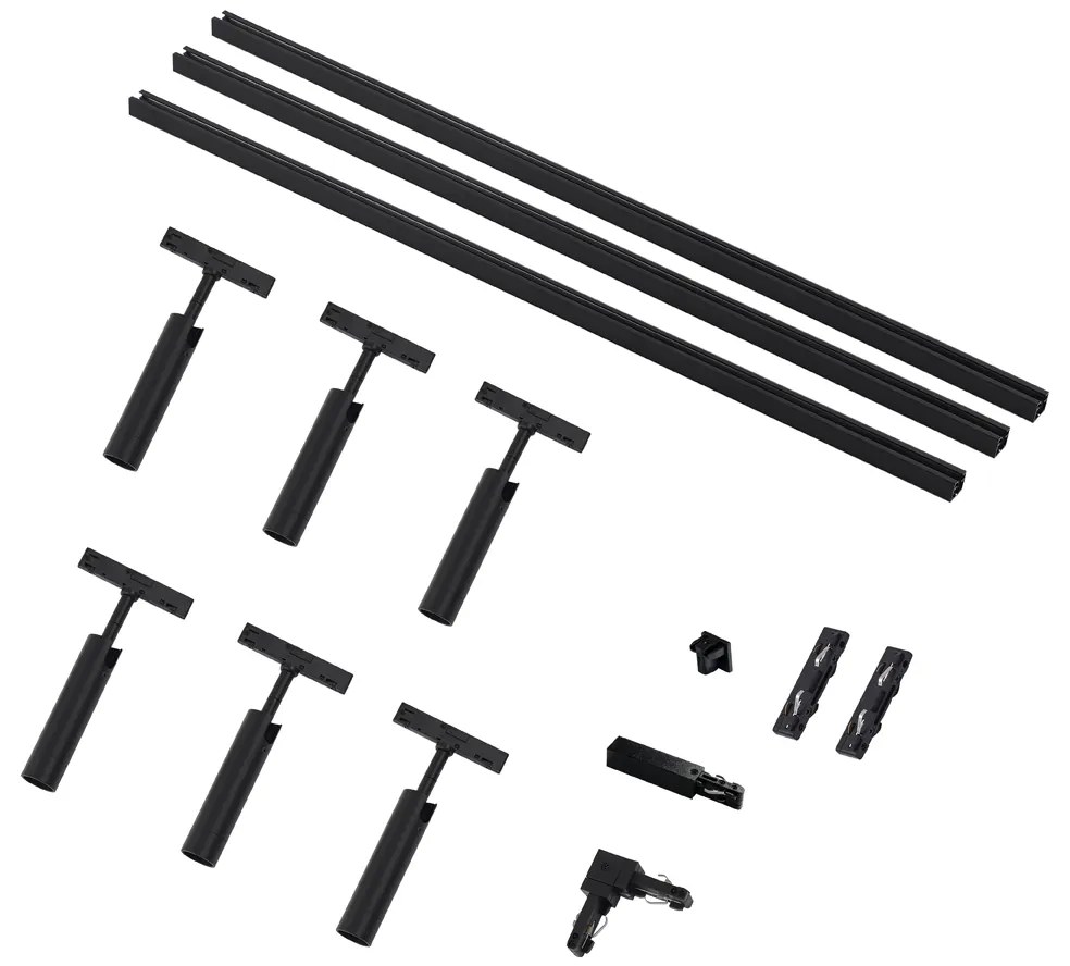 Sistema di illuminazione a binario moderno con 6 faretti neri monofase - Slimline Uzzy