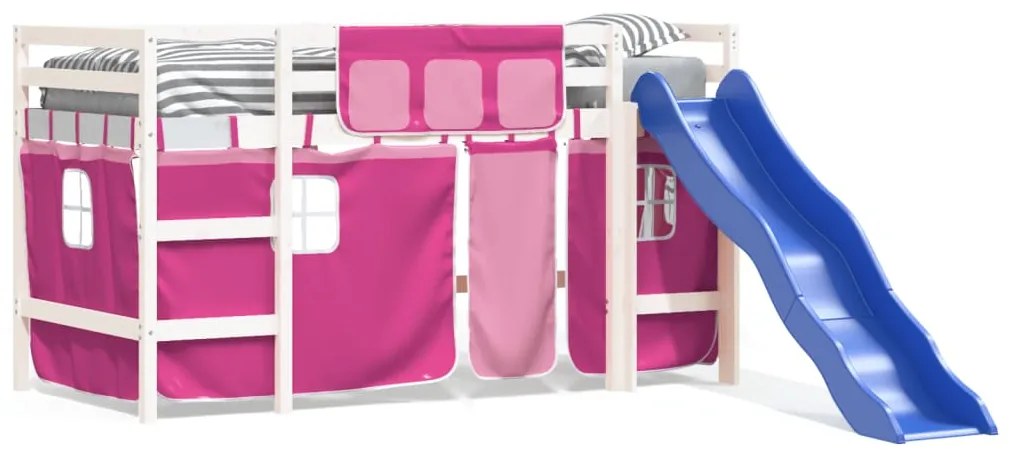 Letto a soppalco con tende bambini rosa 90x200 cm massello pino