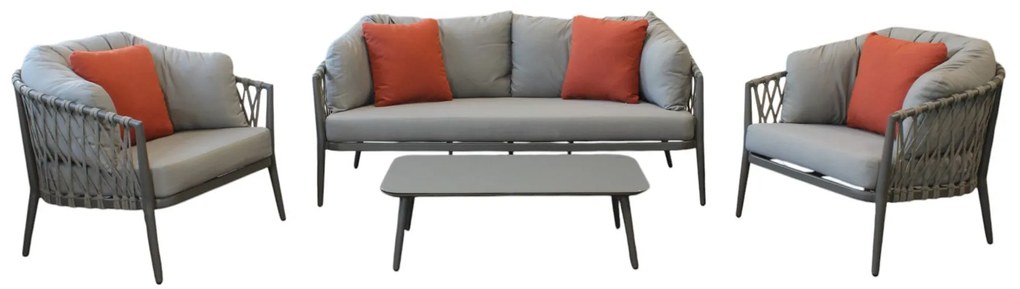 BACHATA - salotto con struttura in alluminio verniciato taupe o bianca, rivestimento in corda in pvc