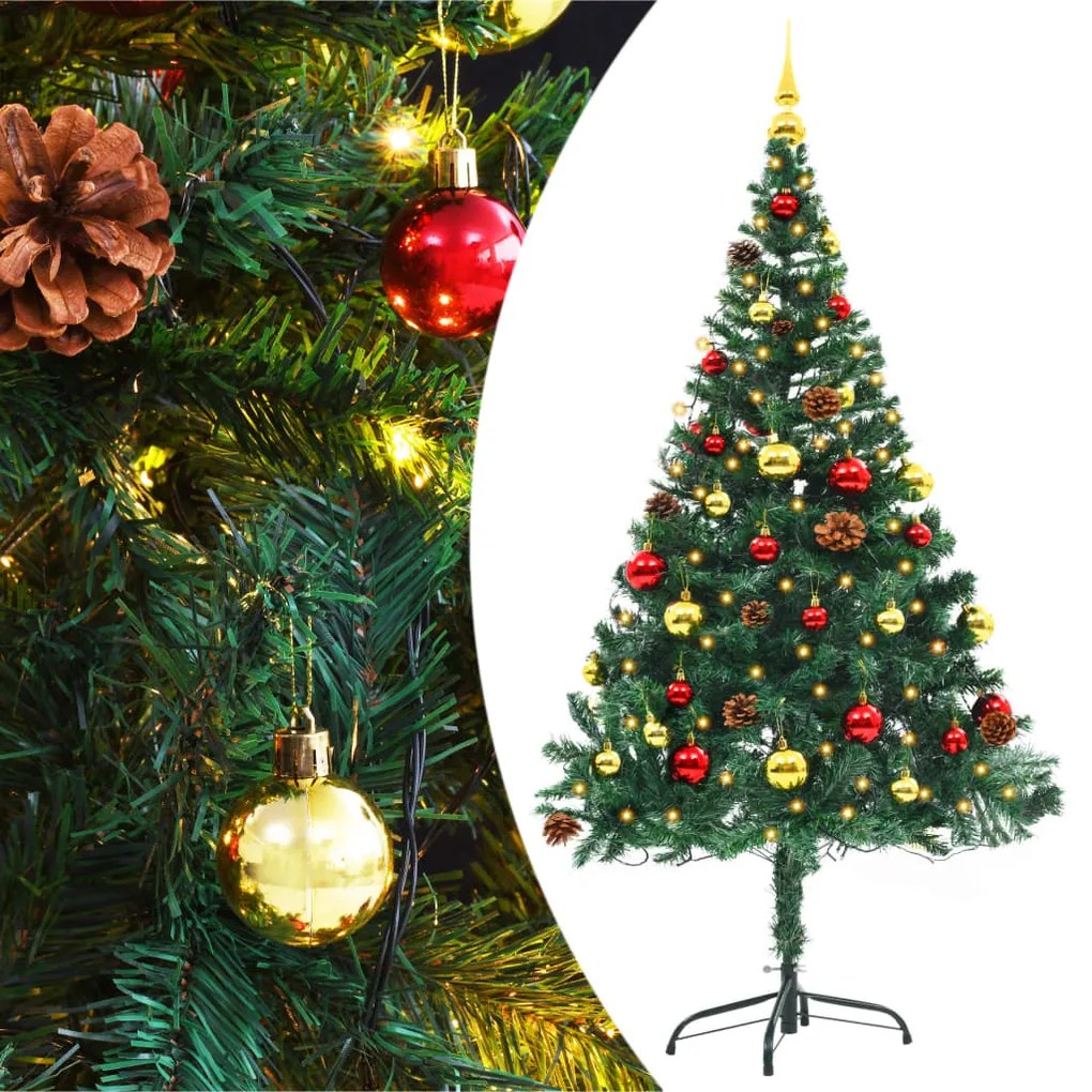 Albero di Natale Preilluminato con Palline Verde, Albero di Natale Preilluminato con Palline Verde 150 cm II