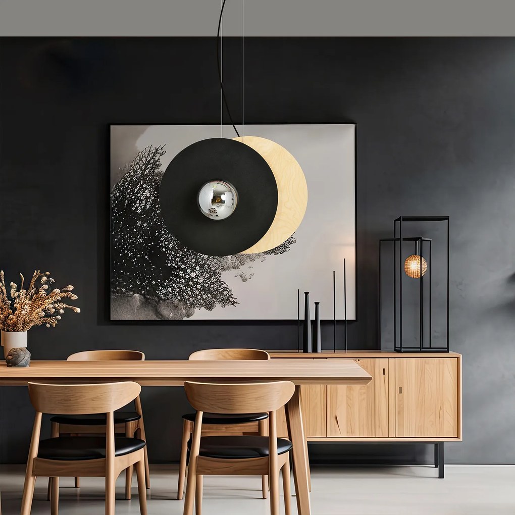 Sospensione Minimal Nordica Brigid 2 Luci In Acciaio Nero E Legno Vetro Fumè
