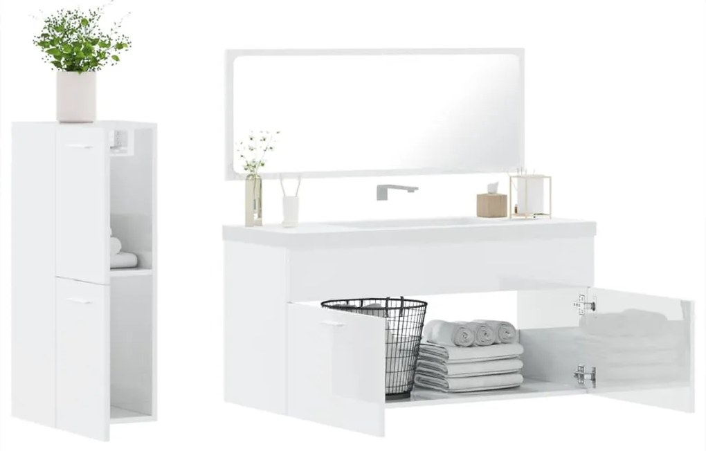 Set mobili da bagno 3 pz bianco lucido in legno multistrato