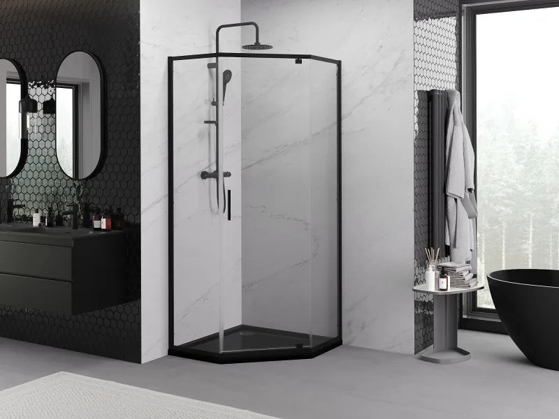 Mexen Exo-R cabina doccia pentagonale con porta battente 90 x 90 cm, trasparente, nera - 812-090-090-70-00