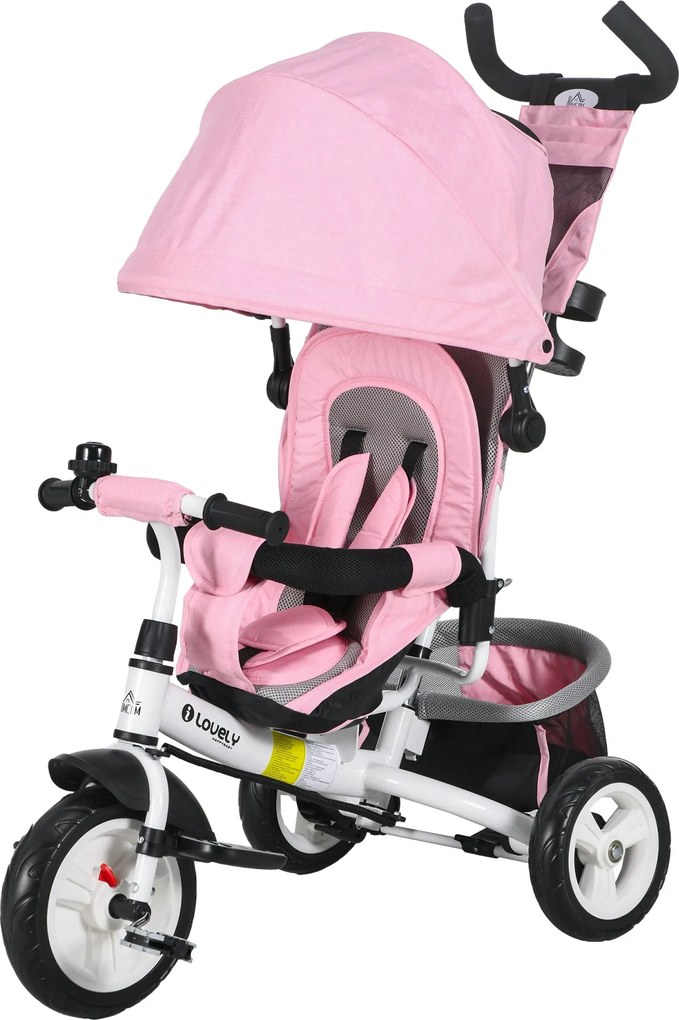Triciclo per Bambini 1-5 Anni 102x49x102 cm con Maniglione e Tettuccio Regolabile Bianco e Rosa...