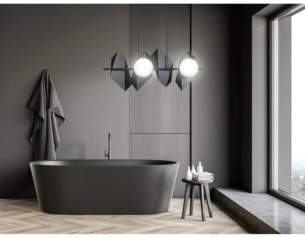 Lampadario 4 Luci Moderno Parvati In Acciaio Nero E Sfere Vetro Opalino