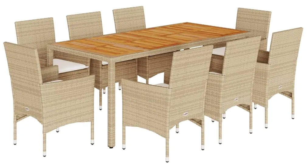 Set pranzo da giardino 9 pz con cuscini beige polyrattan acacia