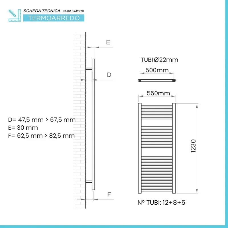Termoarredo scaldasalviette 550x1230 bianco con interasse 50 cm Sanremo
