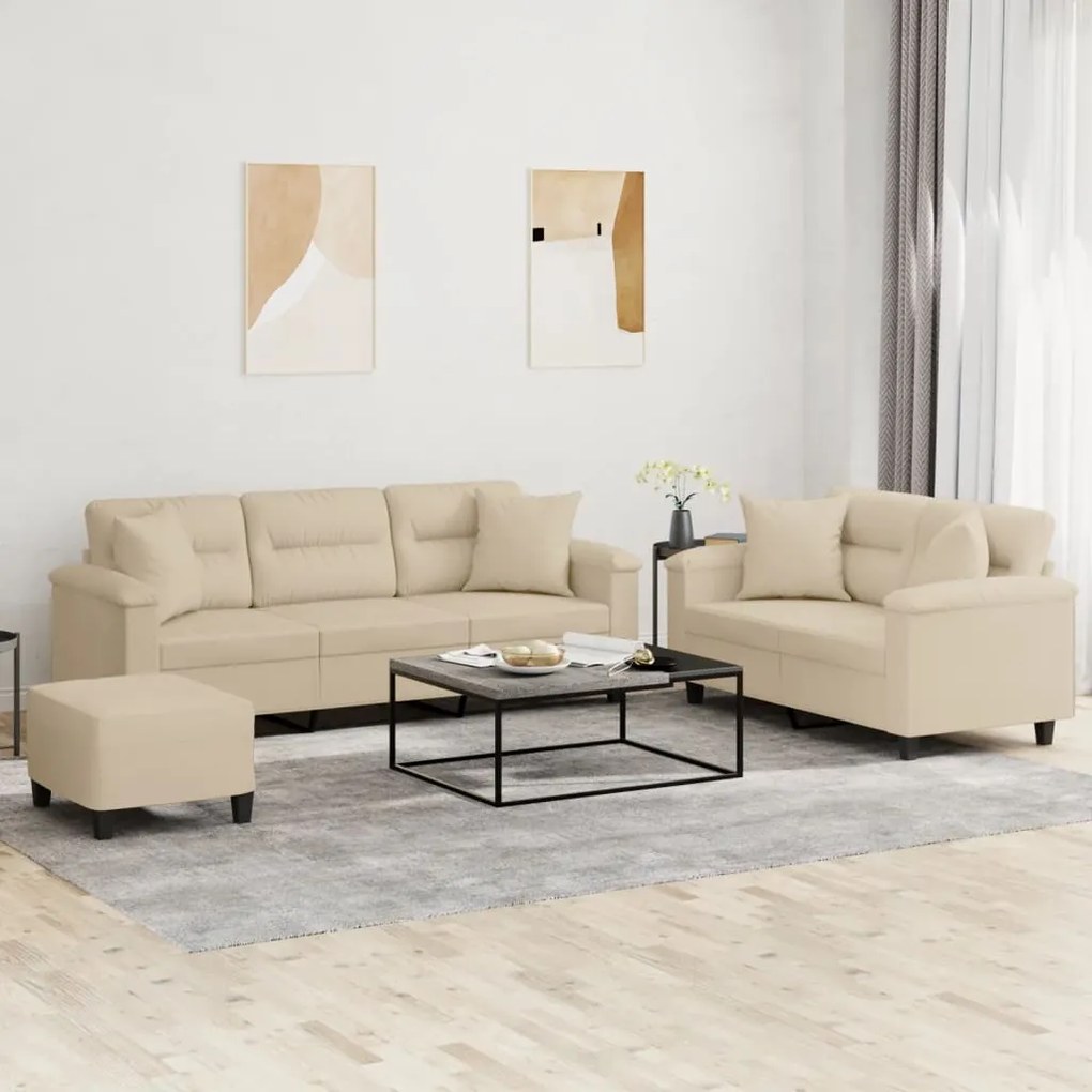 Set Divani 3 Pz Con Cuscini Crema İn Tessuto Microfibra /