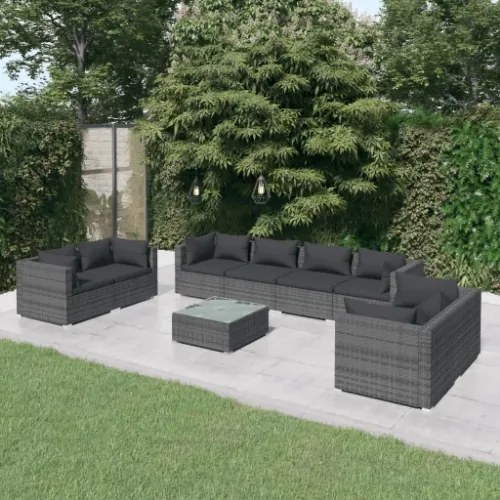 Set Divani da Giardino 9 pz con Cuscini in Polyrattan Grigio