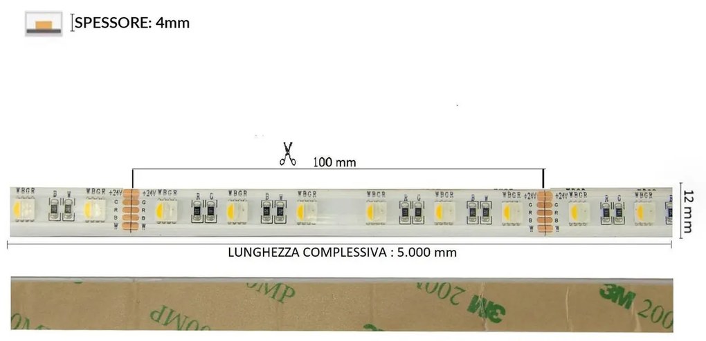 Striscia LED Professional - RGBW Natural White  - IP67 - 18W/m - 5m - 24V Colore RGBW