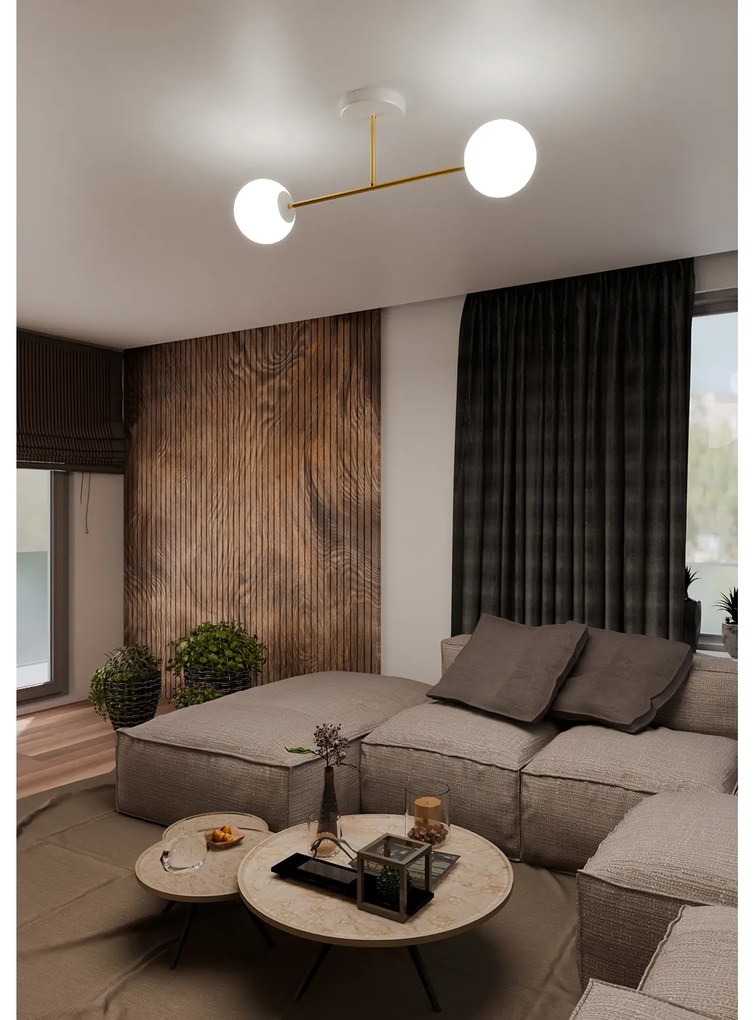 Plafoniera Moderna Magnium 2 Luci In Acciao Oro E Sfere In Vetro Bianco