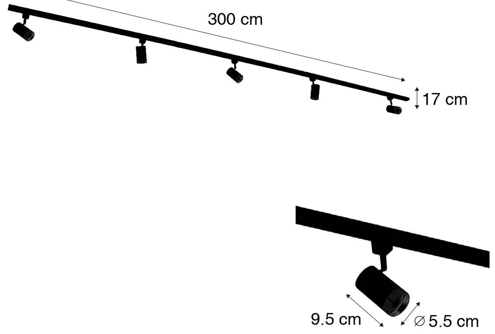 Sistema di illuminazione a binario moderno con 5 faretti nero oro 1 fase - Iconic Jeana
